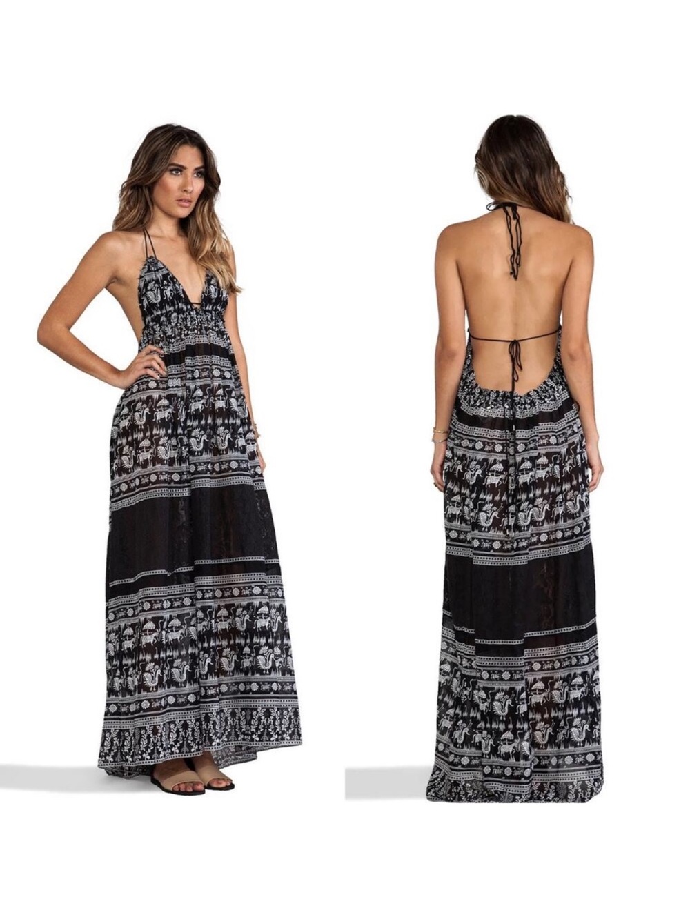 Free People Black & White Printed Backless Maxi Dress